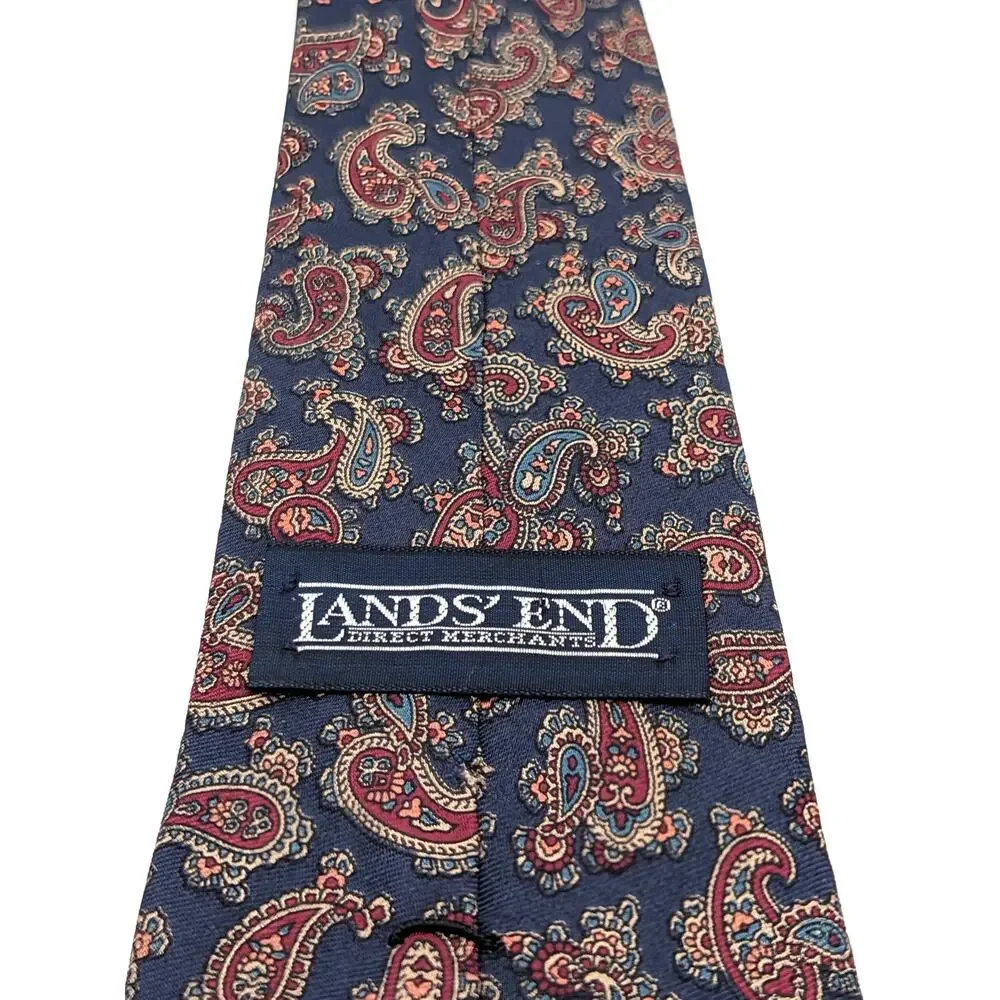 Vintage 90s Lands' End Direct Merchants Silk Tie Navy Paisley Preppy Old Money